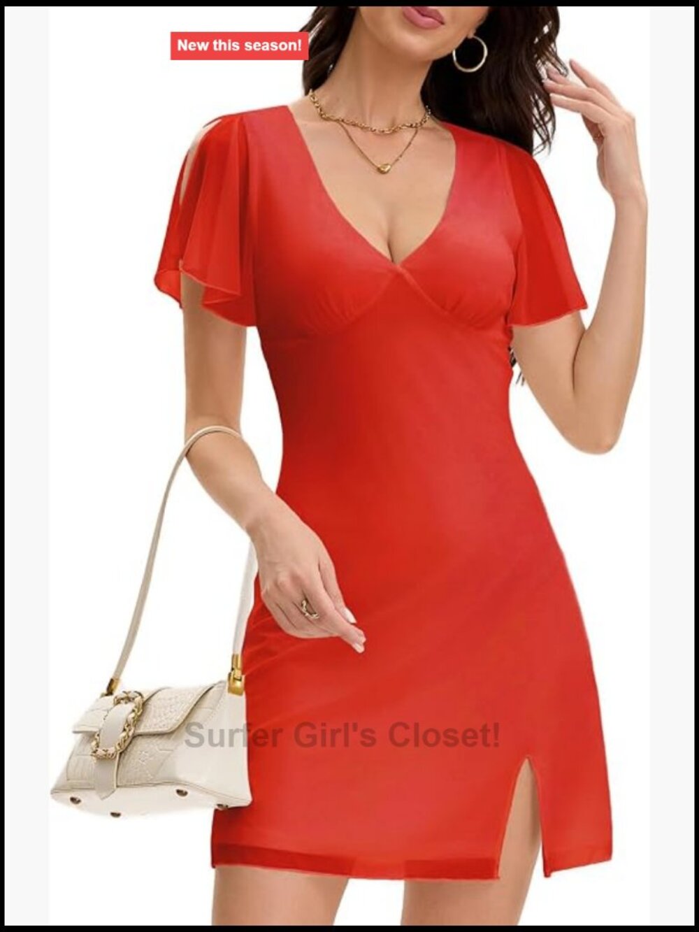 Women's V-Neck Ruffle Sleeve Bodycon Mini Dress High Waist Mesh